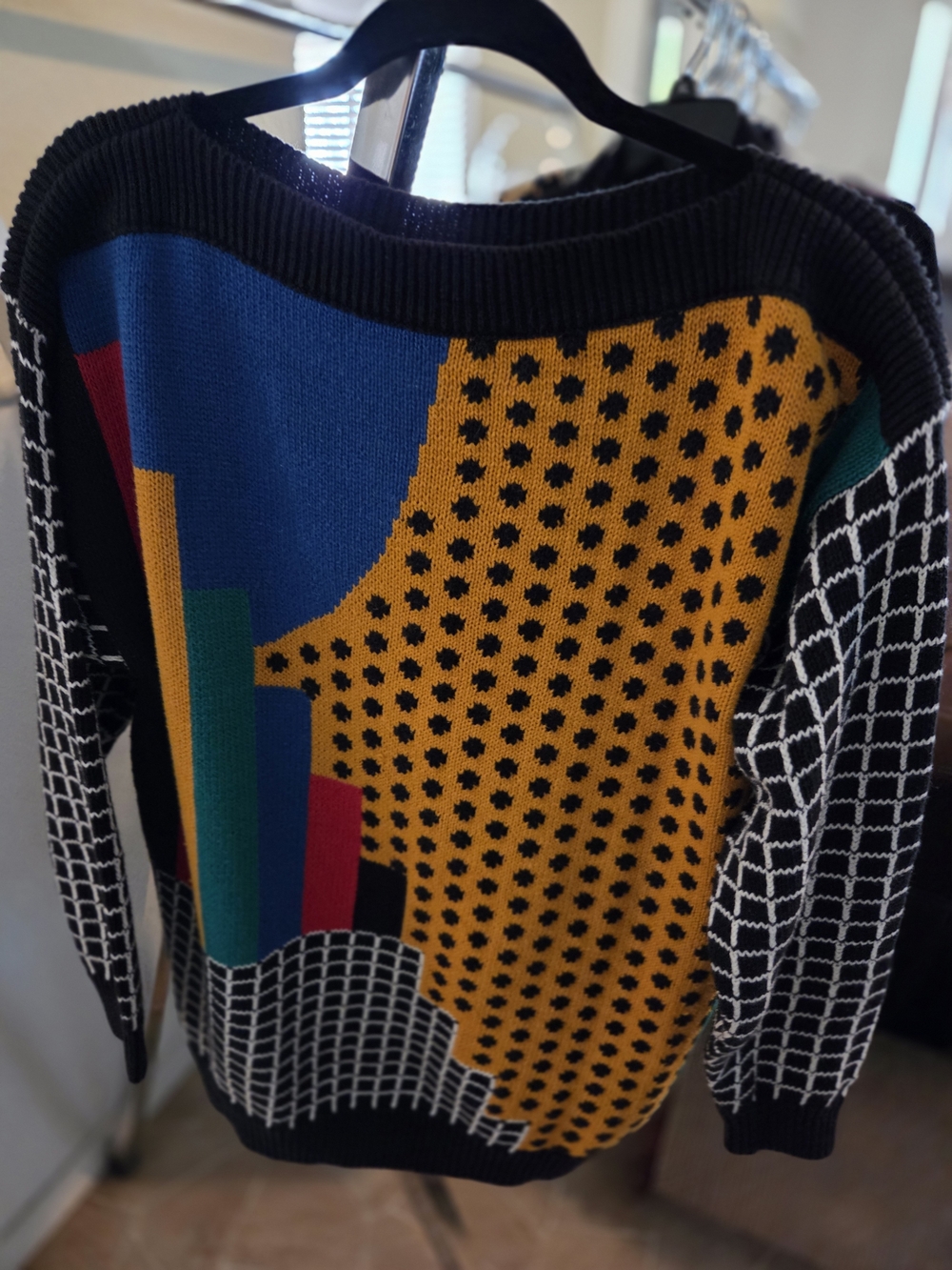 Abstract Colorblock Knit Cardigan Sweater - Black/Yellow/Blue